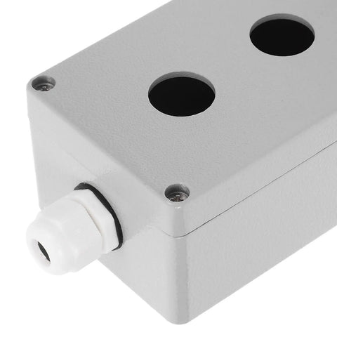 Metal Push Button Control Box With Emergency Stop Cover For Industrial Outdoor Use 2 Hole Cast Aluminum Switch Enclosure Rugged Weatherproof Design Easy Install Built To Last In Harsh Environments. White cast aluminum 2-hole control box with cable gland