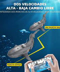 2.4G RC Shark Boat With Dope HD Real Time Underwater Camera And App Control showing speed modes with smartphone control.