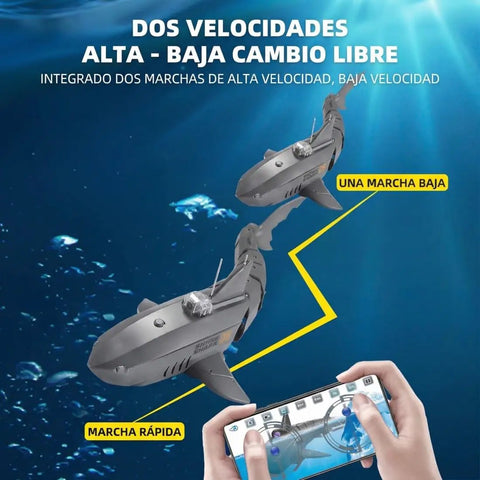 RC Shark Boat With HD Camera Real Time FPV Video App Control 2.4G Dual Mode Underwater Viewing display in action