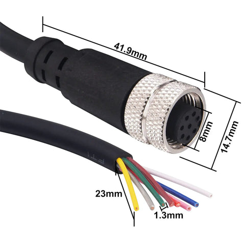 M12 Connector Aviation Sensor Cable With 8 Pin Female, Straight, Waterproof IP67, gold plated contacts, 2m length, wiring details