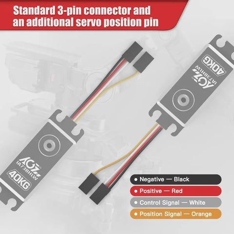 40Kg High Torque RC Servo Motor With Full Metal Gear Waterproof Brushless Programmable Standard Servo And Accurate Position Feedback IA73BHLW showing wiring configuration and additional position pin with color-coded wires.