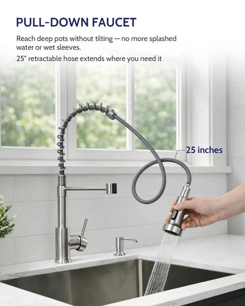 Pull Down Kitchen Faucet With Soap Dispenser Brushed Nickel Finish showcasing 25 inch retractable hose in modern kitchen sink.