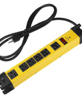 Heavy Duty 6 Outlet Power Strip Surge Protector With 15A 125V 6Ft Extension Cord Industrial Grade Metal Housing 1200 Joules ETL Listed Rugged Shop Garage Workshop Outlet Strip In Bright Yellow shown with six outlets and black cord