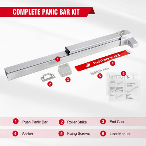 Commercial Exit Door Panic Bar With External Lever In Silver Stainless Steel, Fireproof Lock Set, Fits 28 To 41 Inch Wood Or Metal Doors, Super Easy Install Emergency Door Hardware complete kit with user manual, panic bar, roller strike, end cap, sticker, fixing screws.