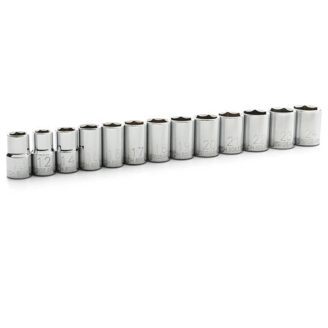 Thirteen Piece One Half Inch Drive Six Point Standard Metric Socket Set With 12mm Through 24mm Sockets Knurled Ends For Grippy Handling