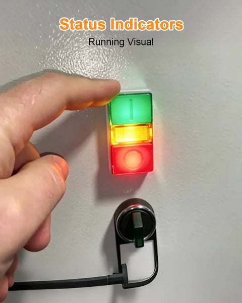 Person pressing dual head push button with signal lamp for industrial control panels and automation systems on console