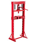 Built Tough As Nails 12 Ton Floor Shop Press featuring straight shot hydraulic H design and dual steel movable plates, red frame.