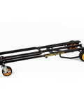 Eight In One Equipment Cart With Adjustable Height From 38 To 60 Inches, foldable sides visible, yellow wheels on white background