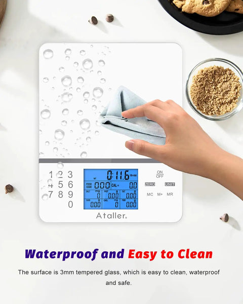 Digital Kitchen Scale With Nutritional Calculator For Meal Prep And Weight Loss, white glass surface being cleaned