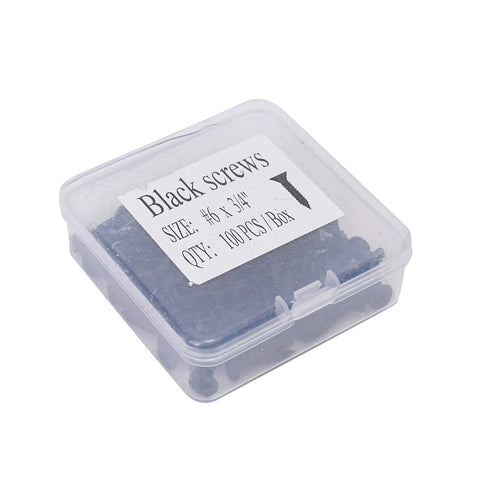 Size 6 By Three Quarter Inch Black Flat Head Phillips Wood Screws 100 Piece Pack Tough As Nails Carbon Steel Self Tapping Fasteners Rust Proof in box.