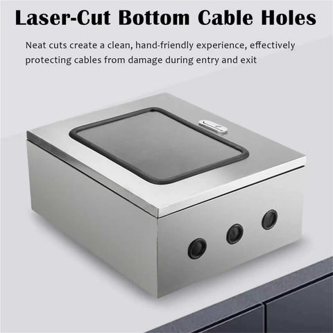 Rugged Outdoor Electrical Control Panel Enclosure showing laser-cut cable holes and stainless steel construction.