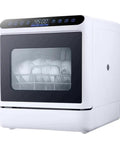 Compact Countertop Dishwasher With No Fuss Setup And 360 Degree Spray For Straight Up Clean Dishes showing clean dishes inside.