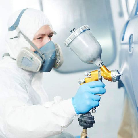 Painter using 100 Pack Cone Paint Strainers With 190 Micron Filter Tips And Silicone Funnel For Automotive Sprayers And Home Use
