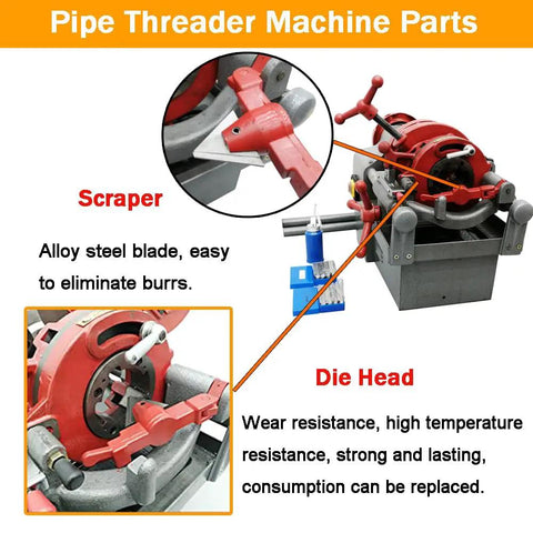 Heavy Duty Electric Pipe Threader And Cutter Machine 1/2 To 2 Inch NPT With Self Oil System 750W parts including scraper and die head.