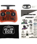 Pocket Portable Remote Controller With Hall Effect Gimbals And EdgeTX Support, orange finish, accessories, and stickers shown.