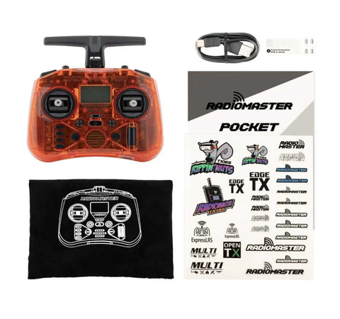 Pocket Portable Remote Controller With Hall Effect Gimbals And EdgeTX Support, orange finish, accessories, and stickers shown.