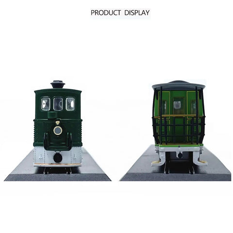 Front and rear views of 1/87 Scale Swiss G3-3 Rail Tram Vintage 1894 Steam Locomotive Model With Display Base, Plastic Collectible.