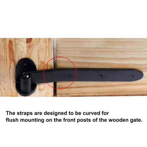 Heavy Duty 12 Inch Black T Strap Gate Hinges 4 Pack Lift Off For Barn Doors Shed Fence Three Sixteenths Inch Thick Leaf installed