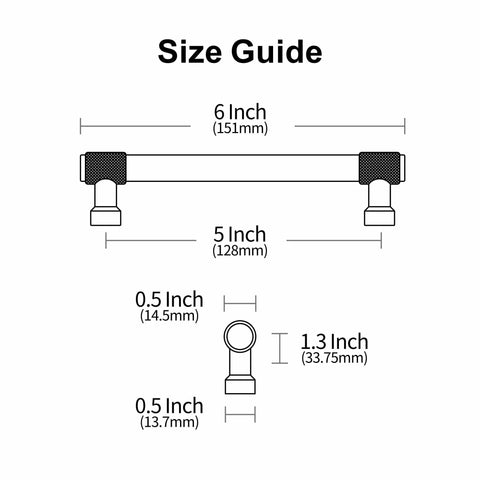 Size guide for Brushed Satin Nickel Cabinet Pulls 10 Pack with 5 Inch Hole Centers Knurled Kitchen Cabinet Handles