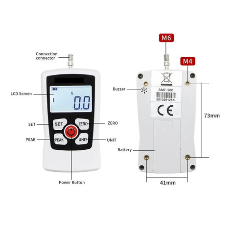 Dead Nuts Digital Hardness Tester And Push Pull Gauge Meter Featuring Auto Backlight And Sharp Buzzer Converts N Kg Lb Oz Units close-up of LCD screen, buttons, and connectors for precision measurements.