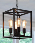 Black 4 Light Lantern Chandelier Farmhouse Vibe Pendant Light With Adjustable Height Rustic Cage, Edison bulbs