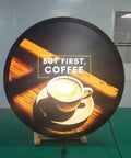 Rock Solid 23.6 Inch Round LCD Digital Display Screen For Business Pro Grade Gear 1280 By 1280 HD Resolution showing coffee image.