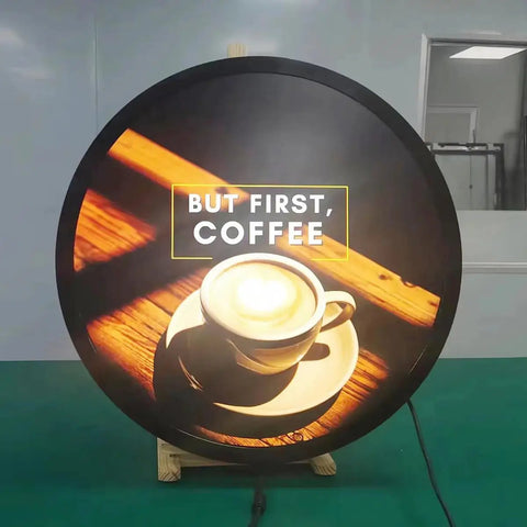 Rock Solid 23.6 Inch Round LCD Digital Display Screen For Business Pro Grade Gear 1280 By 1280 HD Resolution showing coffee image.