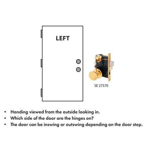 Diagram of left-handed 2-1/2 Inch Backset Entrance Mortise Lockset in Wrought Solid Brass with night latch for doors 1-3/8 to 1-3/4 inch thick.