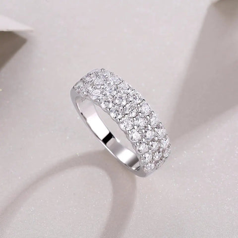 Top Shelf Moissanite Grid Pattern Engagement Ring Platinum Plated 925 Sterling Silver with brilliant round cut stones side view.