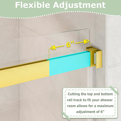 Flexible adjustment detail of Super Sleek Frameless Double Bypass Sliding Shower Door In Brushed Gold, showing 6 inch rail track modification.