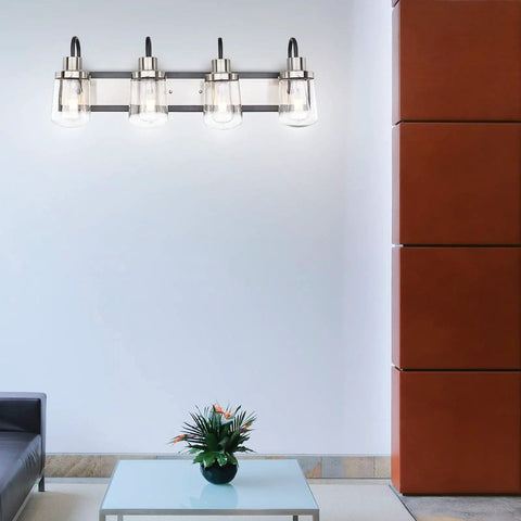 Modern Black And Satin Nickel Vanity Light With Clear Glass Shades, 4-Bulb Indoor Wall Lamp For Farmhouse Bathrooms displayed on white wall