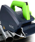 Dual-Model Automatic Pipe Cutting Machine With Two Saw Blades shown cutting 15-400mm stainless steel pipes efficiently.