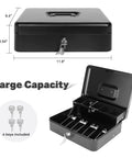 Beefy Locking Cash Box With Money Tray For Cash Registers, Metal Safe Box, Black 11.8x9.4x3.54 Inches, open and closed views.