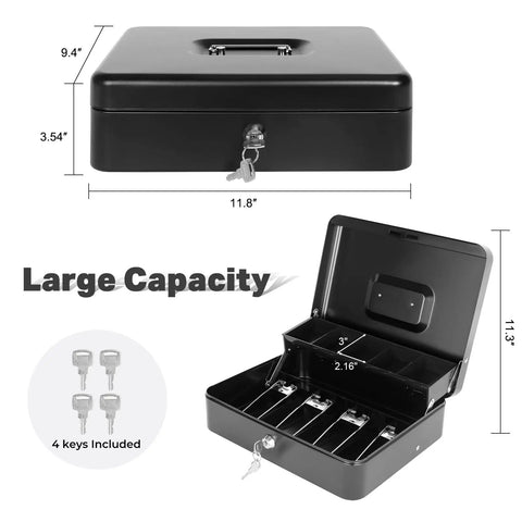 Beefy Locking Cash Box With Money Tray For Cash Registers, Metal Safe Box, Black 11.8x9.4x3.54 Inches, open and closed views.