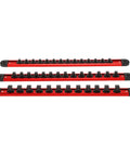 Magnetic Socket Rail Organizer With 42 Slots For One Quarter Inch Three Eighths Inch And One Half Inch Drive Sockets visible horizontally