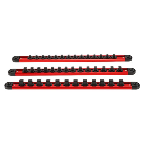 Magnetic Socket Rail Organizer With 42 Slots For One Quarter Inch Three Eighths Inch And One Half Inch Drive Sockets visible horizontally
