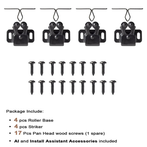 4 Pack Cabinet Latch Double Roller Catch Hardware For Cupboard Closet Kitchen Doors, Black Nickel Finish, Includes Screws