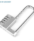 Back view of Adjustable 4-Digit Combination Cabinet Lock Padlock with zinc alloy body and U-shaped handle, shackle extended.