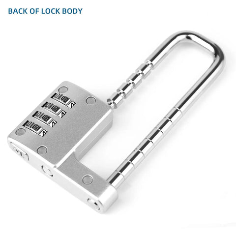 Back view of Adjustable 4-Digit Combination Cabinet Lock Padlock with zinc alloy body and U-shaped handle, shackle extended.