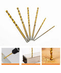 Intoo mini drill bit set, top view of seven gold titanium-coated micro bits (sizes 3/64 to 1/8 inch) for metal, plastic, wood