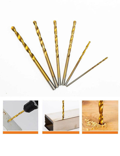 Intoo mini drill bit set, top view of seven gold titanium-coated micro bits (sizes 3/64 to 1/8 inch) for metal, plastic, wood