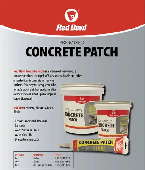 Red Devil Premixed Concrete Repair Patch for cracks and breaks, 1 quart gray cement filler, interior and exterior use.