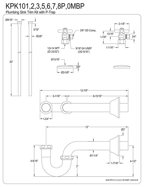 Technical drawing of Traditional Sink Trim Kit With P Trap In Oil Rubbed Bronze, Solid Brass Plumbing Set For Bathrooms