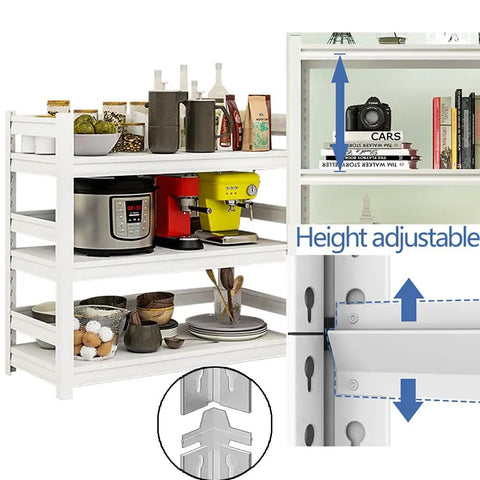 Rock Solid Three Tier Steel Shelving Unit With Fully Adjustable Boltless Racks For Garage Pantry Kitchen Organization White Heavy Duty Storage Rack Simple Setup with kitchen items and adjustable height.