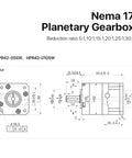 Nema 17 Planetary Gearbox technical drawing with dimensions and reduction ratios for heavy duty applications.