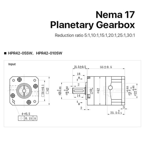Nema 17 Planetary Gearbox technical drawing with dimensions and reduction ratios for heavy duty applications.