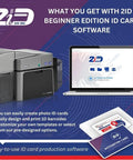 Top Shelf Dual Sided Badge Printer With Complete Supplies Package And Dead Simple Software For School Ids And Corporate Access Cards Slick Desktop High Definition Printing next to laptop showing ID card software.