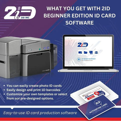 Top Shelf Dual Sided Badge Printer With Complete Supplies Package And Dead Simple Software For School Ids And Corporate Access Cards Slick Desktop High Definition Printing next to laptop showing ID card software.