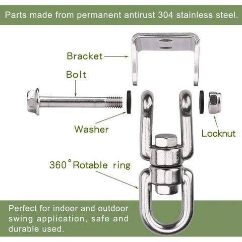 Parts of Two Pack Beefy Heavy Duty 360 Degree Swivel Hanger Set For Ceiling And Wood, Stainless Steel 304 Hooks, labeled components.