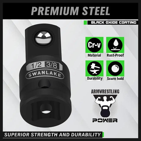 Close-up of Five-Piece Cr-V Steel Impact Socket Adapters Set, 3/8 Inch Drive, black oxide finish and spring ball lock detail.